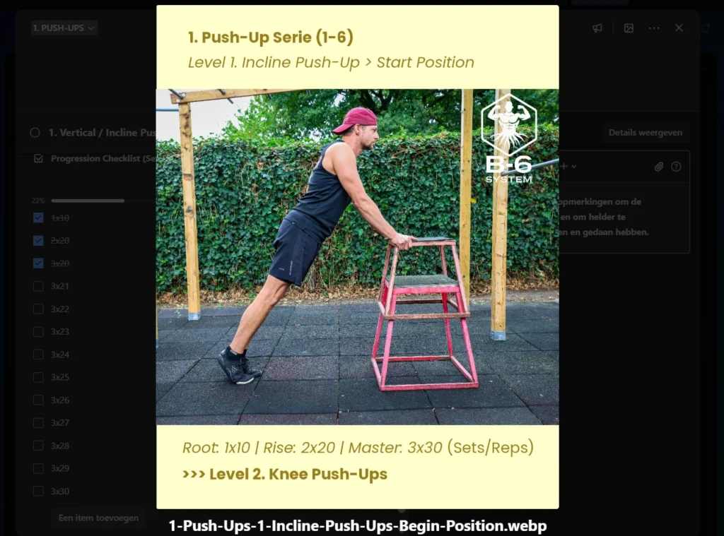 Voorbeeldkaart uit de B-6 Workspace met Incline Push-Ups inclusief sets en reps.